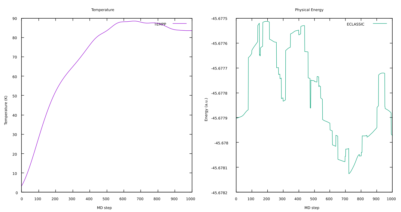 Evolution of temperature and physical energy along the MD simulation (BO - NVE).